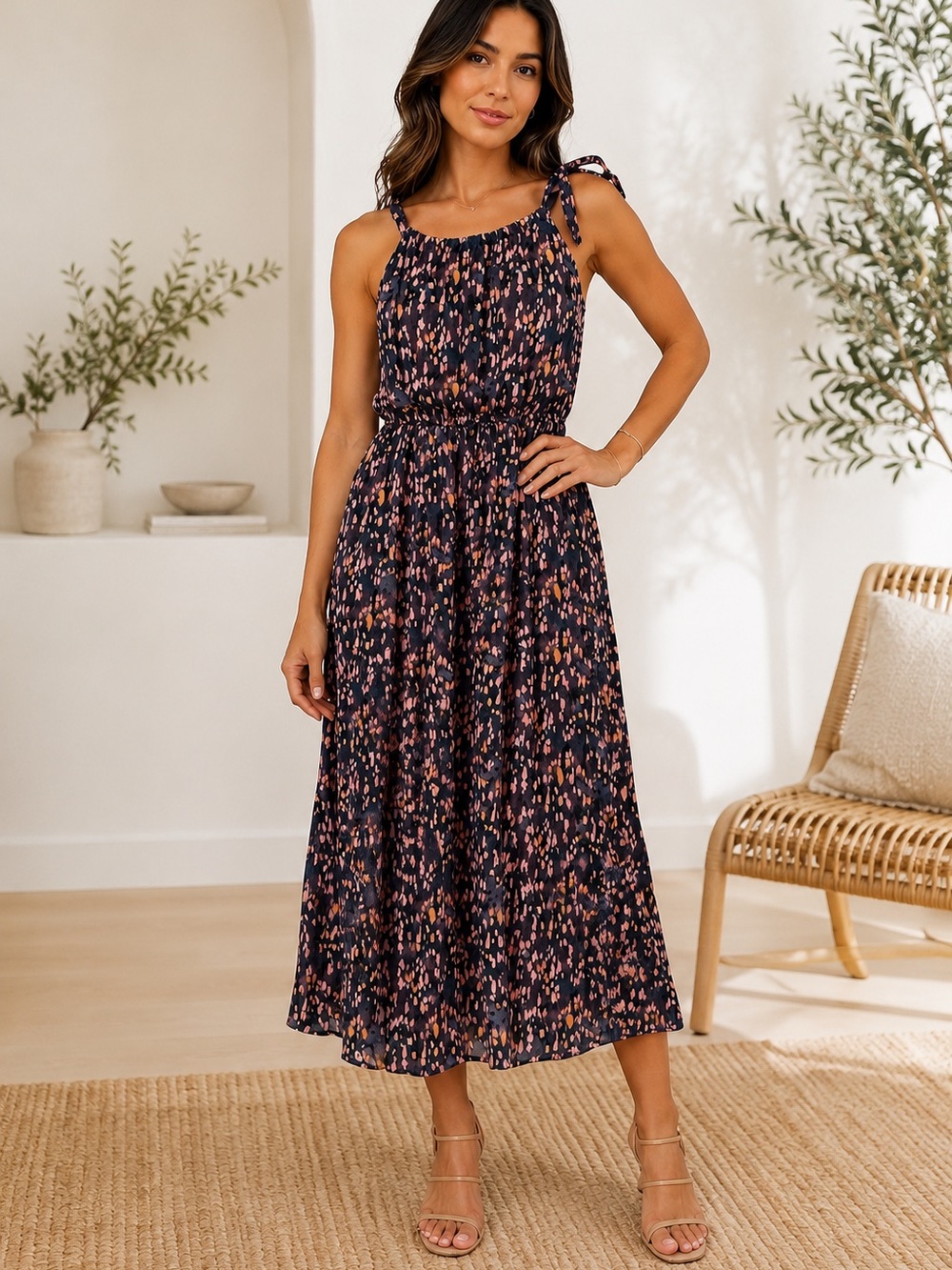 Gilli Stitch Fix Sleeveless Navy Maxi Dress with Pink & Peach Spot Print